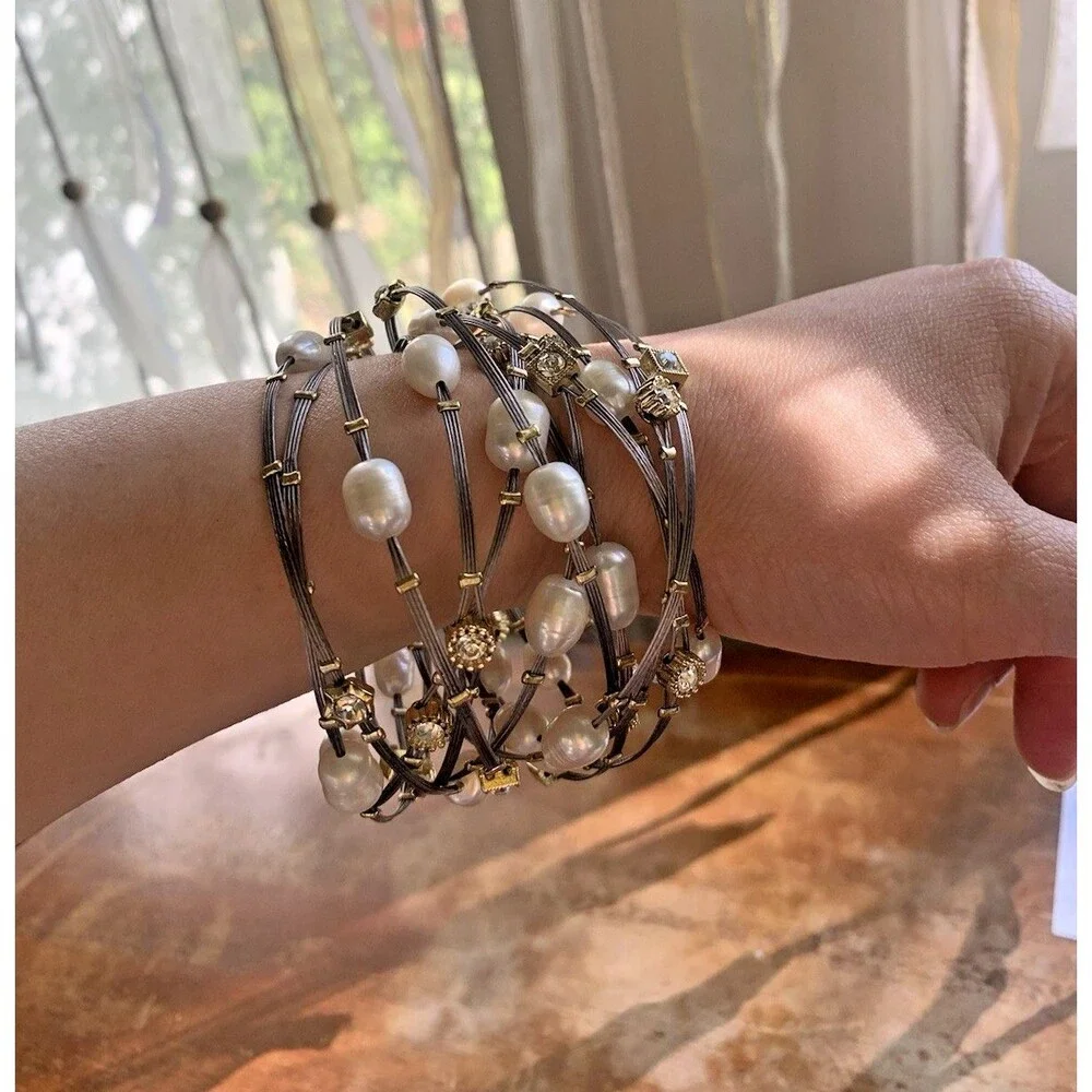 Vintage Glass Pearl Bead Bracelets – 12 Strand Set, Silver Tone, MCM / 80s